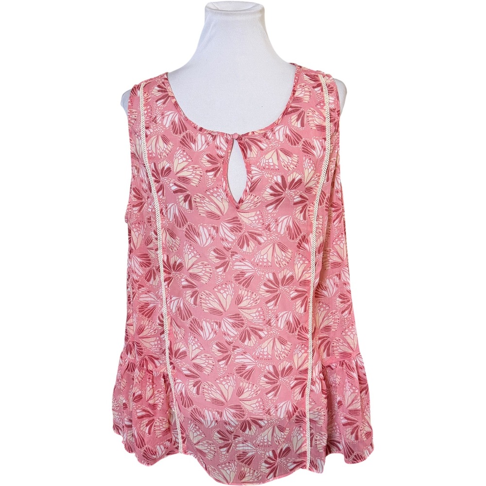 ModCloth Blouse Womens 1X Pink Butterfly Wing Print Boho Ruffle Peplum Top